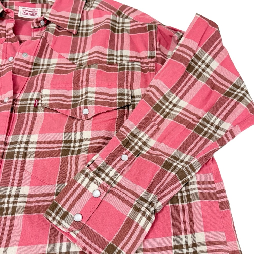 Levi's Women’s Coral Plaid Button-Down Snap Long Sleeve Shirt Size Medium US - Picture 5 of 7